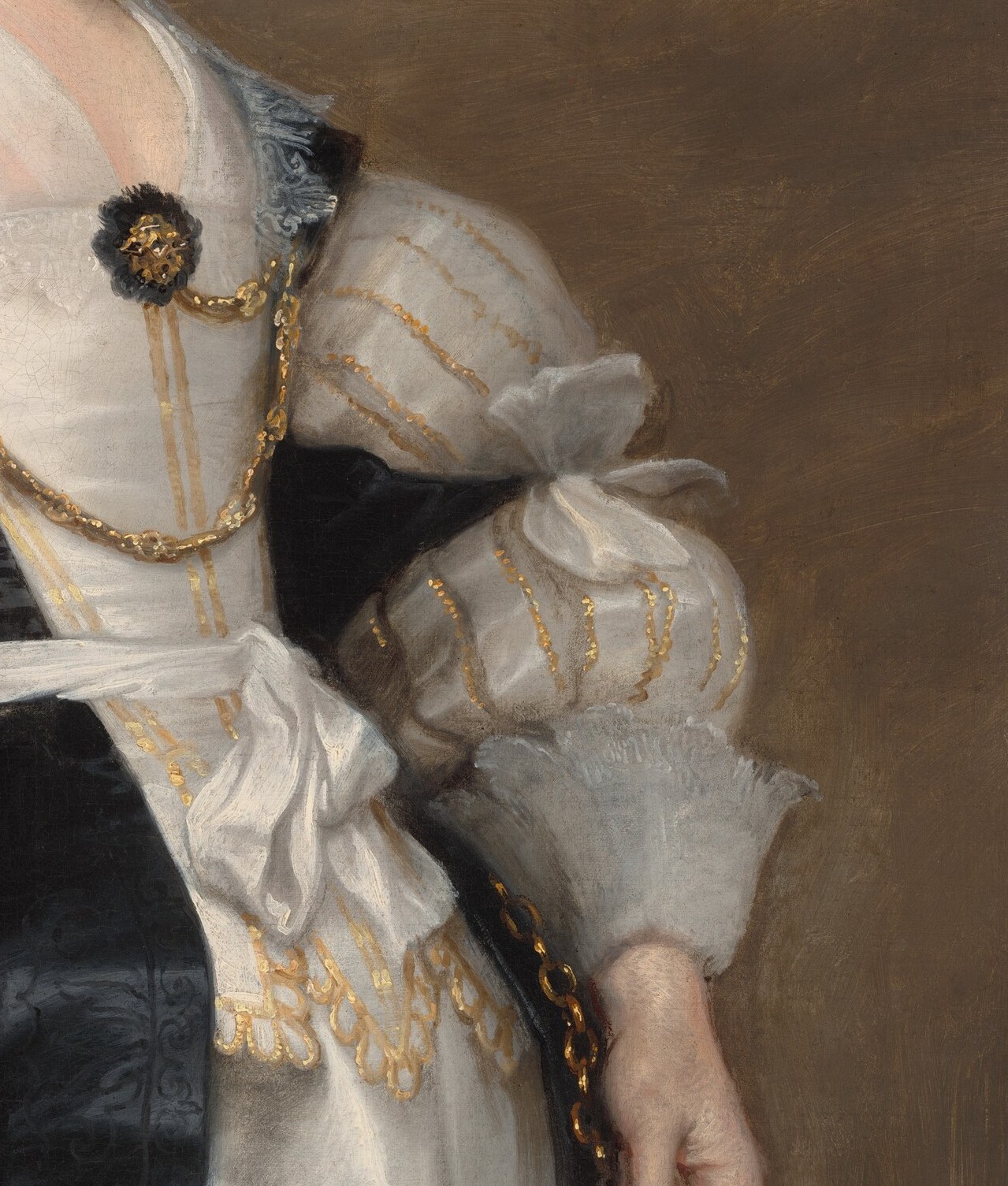 He built the folds in thin glazes. The canvas beneath glows through the paint.