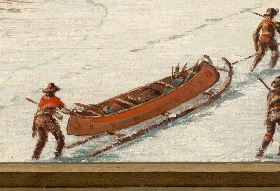 This prominent canoe, being pulled by figures, highlights the challenging logistics of the journey.