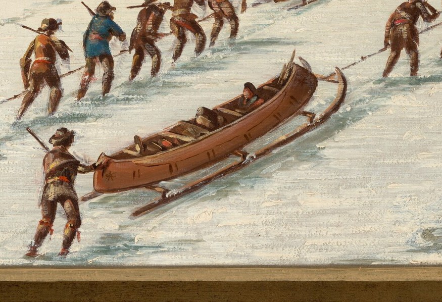 Another canoe on sleds, emphasizing the repetitive nature of the arduous task and the scale of the expedition.