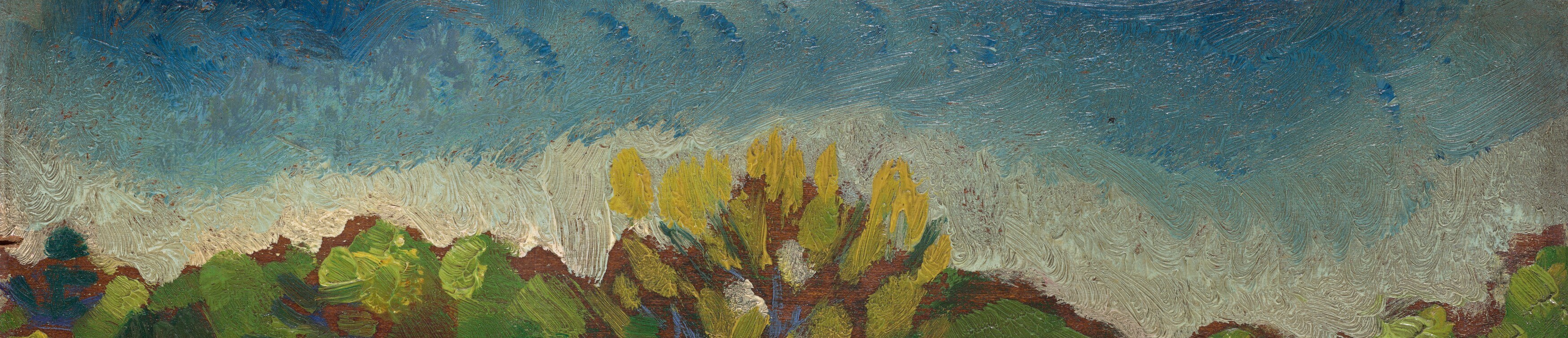 Look closely at the sky, painted with energetic, distinct marks.