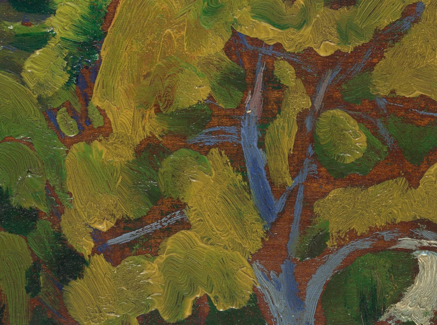 These masses of green, rendered with broad strokes, create a sense of depth and the lushness of nature.