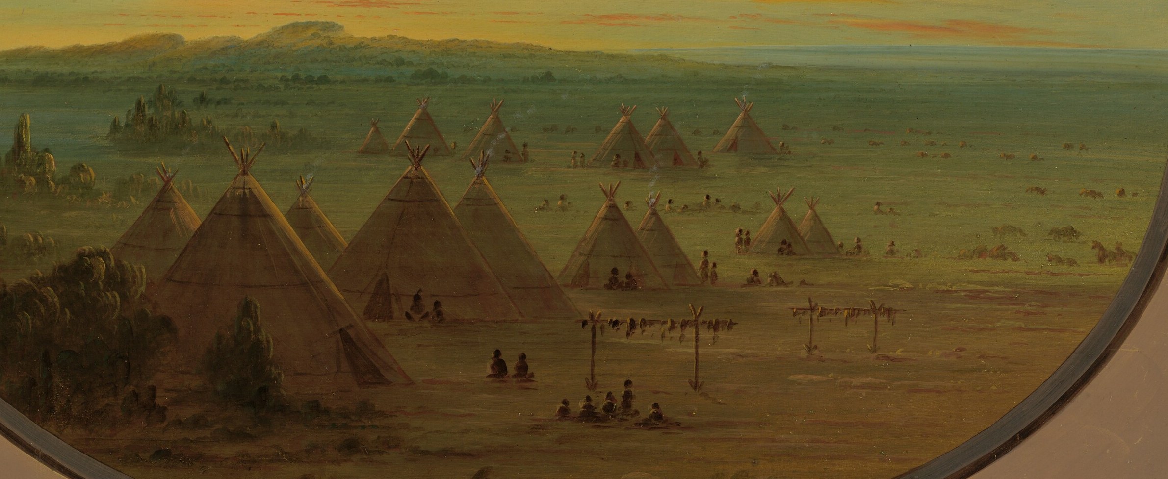 This painting shows a Crow village on the Salmon River.