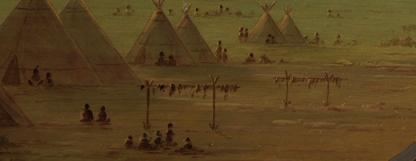 You can see figures engaged in daily activities near their tents.