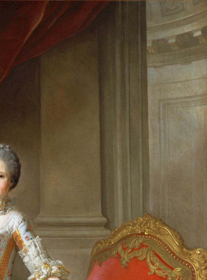 Standard dynastic-portrait prop, but the saturated red creates the warm chromatic anchor that makes the pale dress read as luminous , a deliberate compositional device.