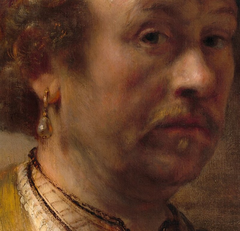 Rembrandt painted his own nose with a candor bordering on caricature , it anchors the face as non-idealized, and the thick impasto modeling makes it read differently at painting distance versus close-up reproduction.
