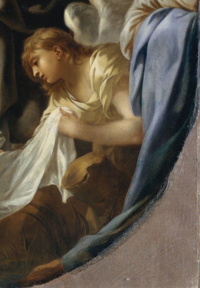 The kneeling angel mirrors Christ’s humility.