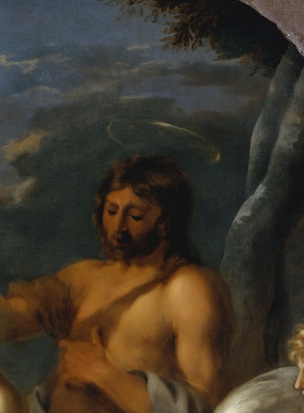 His outstretched right arm and shell (implied gesture) directs the viewer's eye downward, creating the compositional axis of divine action