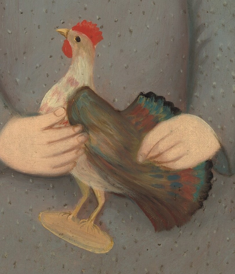 She holds her favorite toy, a carved wooden rooster.