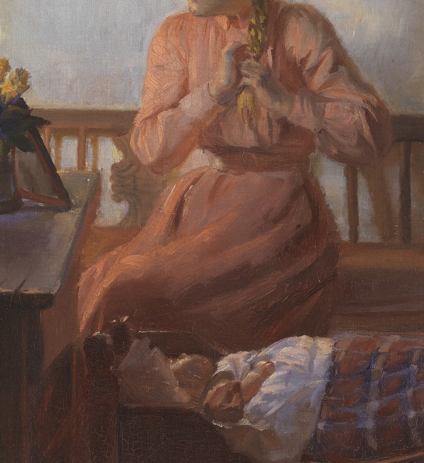 Ancher's thick brushstrokes give her pink dress a tangible texture.