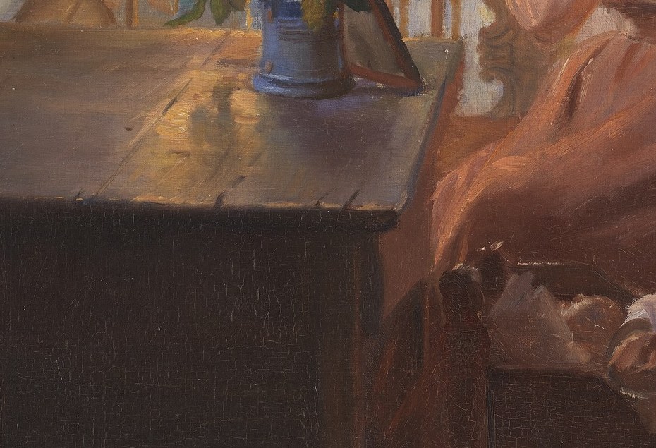 Its solid presence grounds the composition and provides a surface for the objects, hinting at a lived-in space.