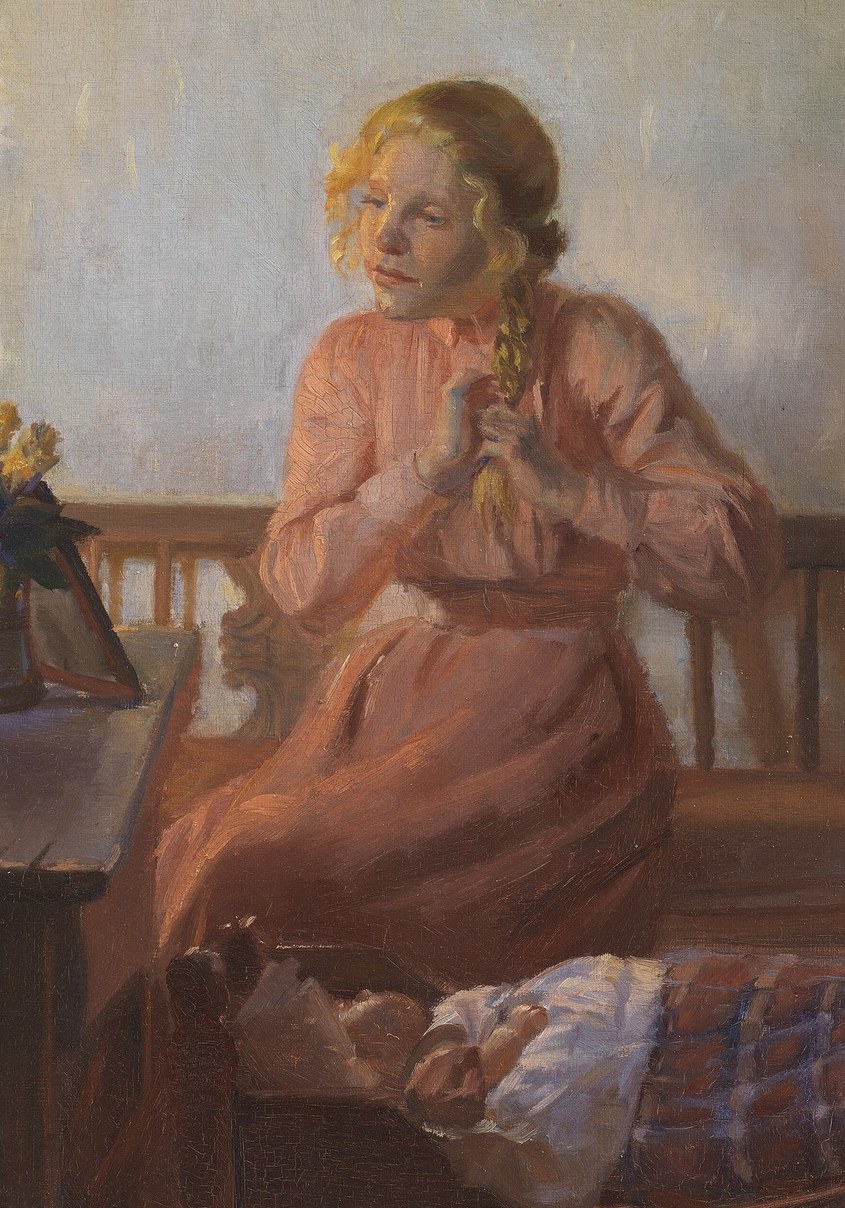 Here, a young girl quietly braids her hair.