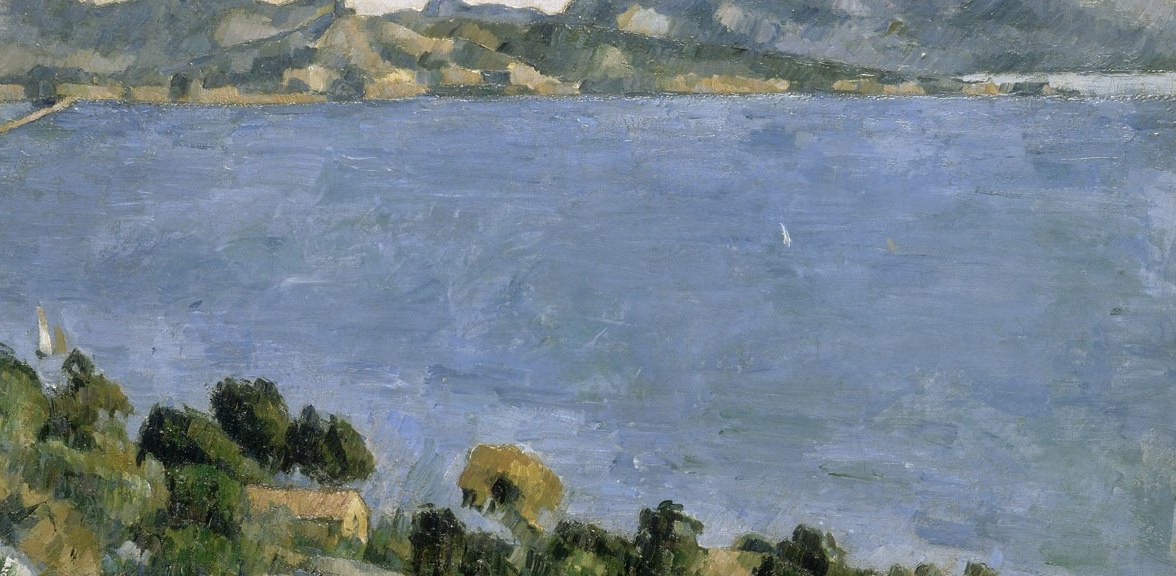 The dominant subject , Cézanne builds the water with horizontal bands of blue and blue-green, creating a flat geometric plane that defies traditional atmospheric recession.