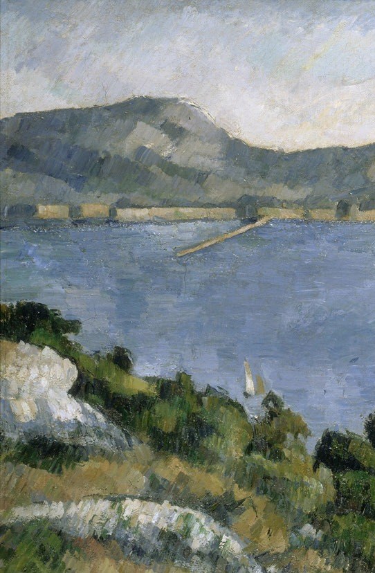 Dense, angled brushstrokes build geological mass; the hillside acts as a structural 'wall' guiding the eye into the bay, typical of Cézanne's framing devices.