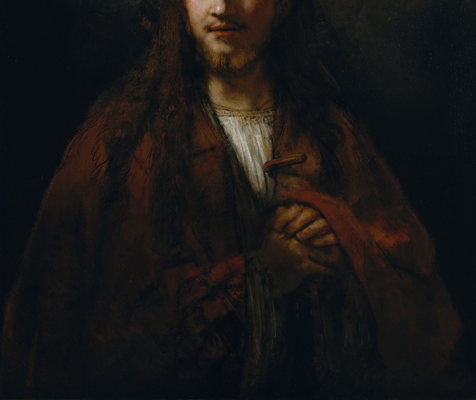 And the robe itself is thick, dragged crimson impasto.
