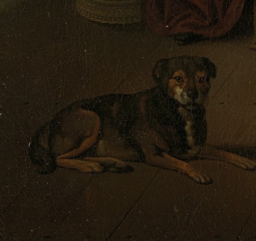 The dog at their feet symbolizes fidelity and domestic harmony.