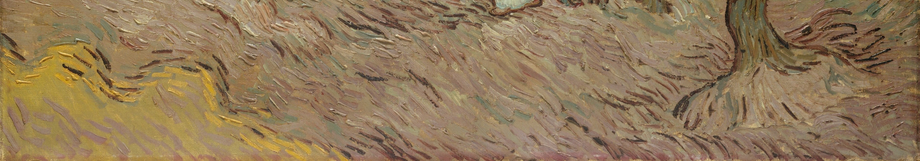 The ground is painted in the same short loaded strokes as the sky, unifying earth and air through technique , the fallen olives being gathered are implied but never illustrated
