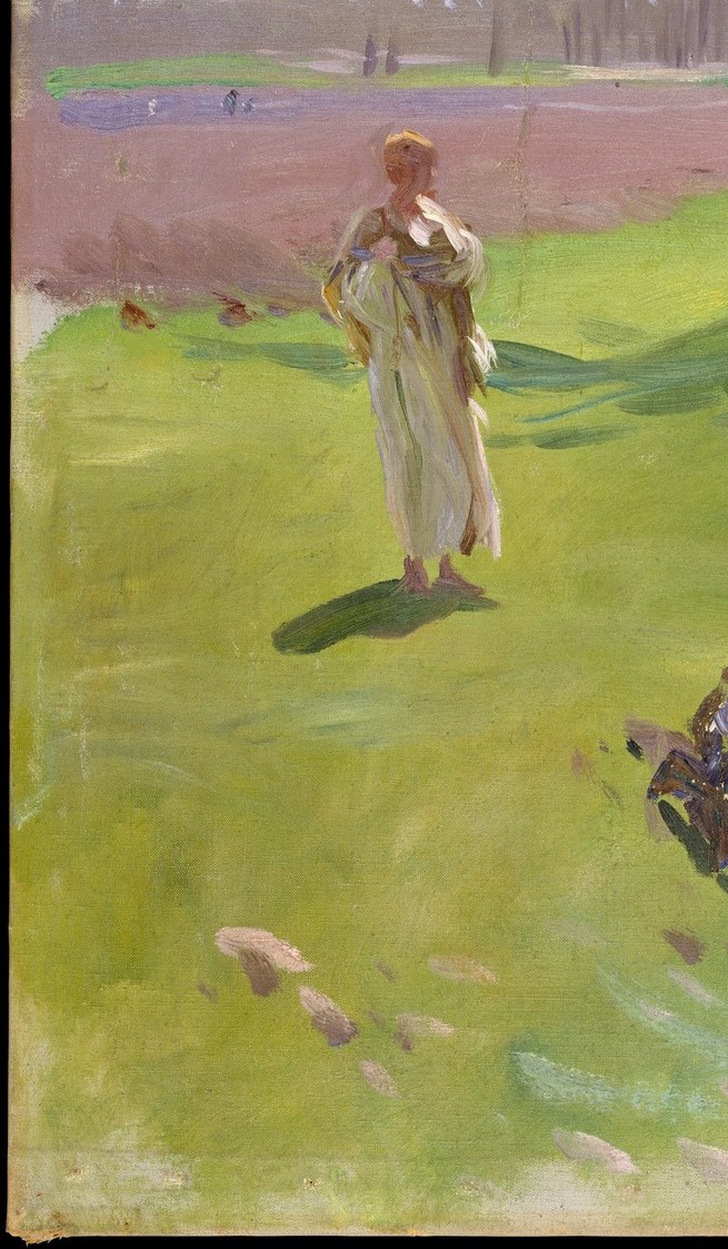 Sargent drags thick paint across the canvas so the grass itself feels alive.