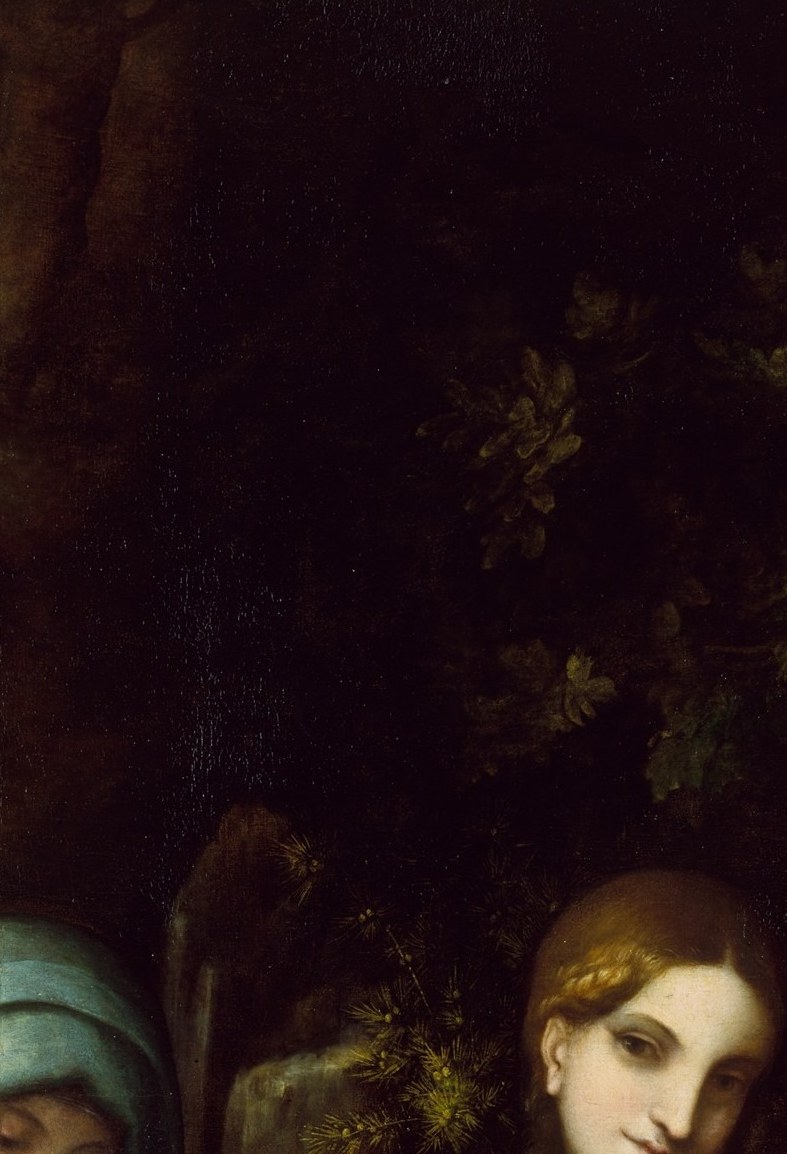 The most direct engagement with the viewer in the composition; her gaze breaks the sacred enclosure and pulls the eye