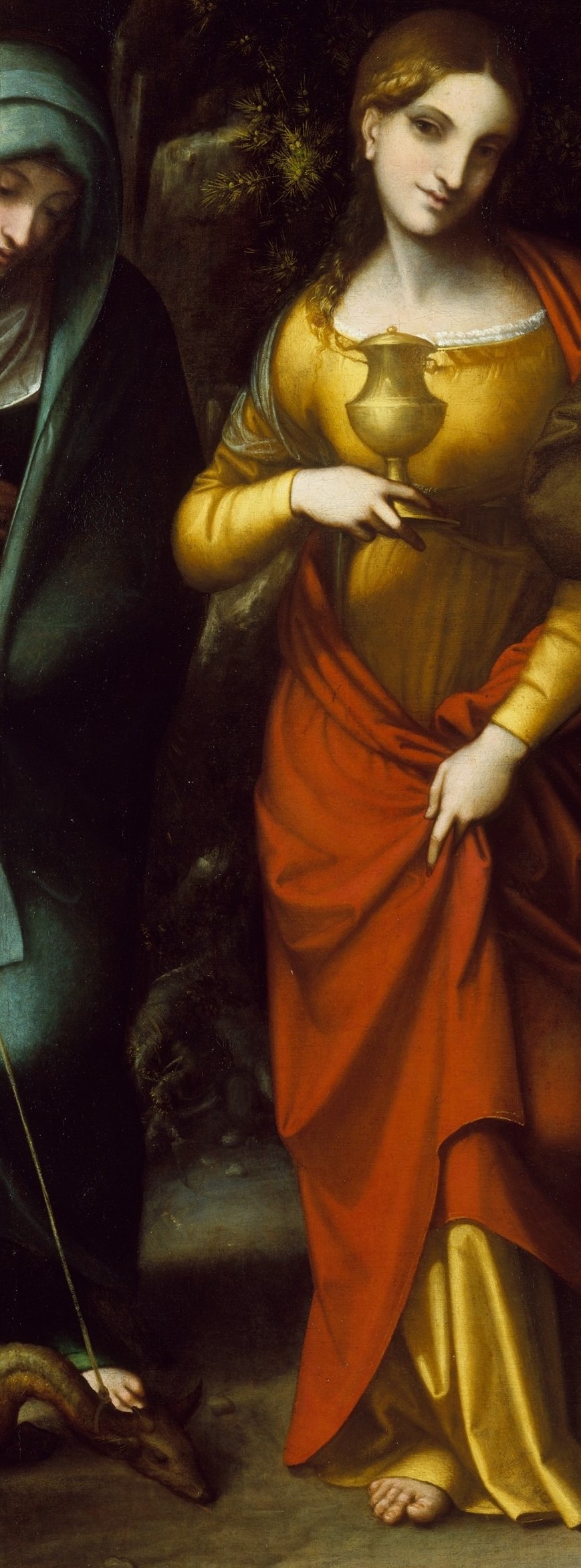 The hottest colour in the panel , Correggio uses it to anchor the composition's centre; the folds show confident early handling of fabric volume