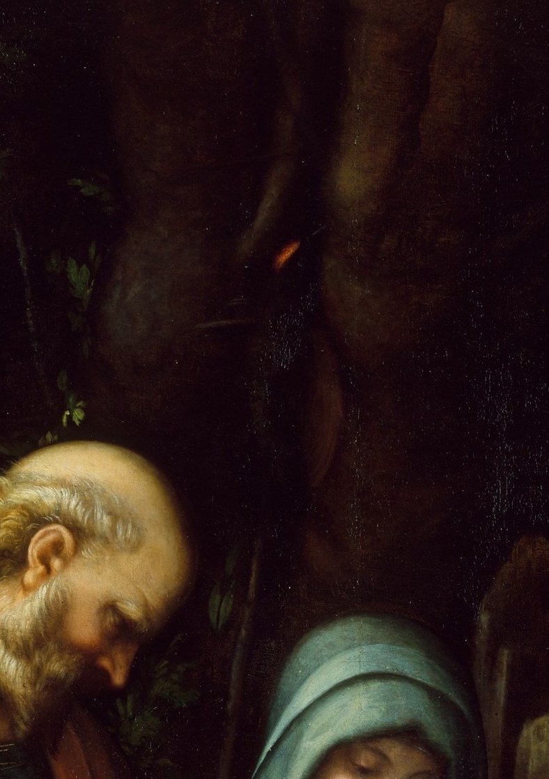 The veil and lowered eyes signal humility and service; her interiority contrasts sharply with Mary Magdalen's outward gaze