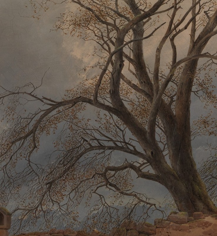 The gnarled tree behind him symbolizes enduring struggle.