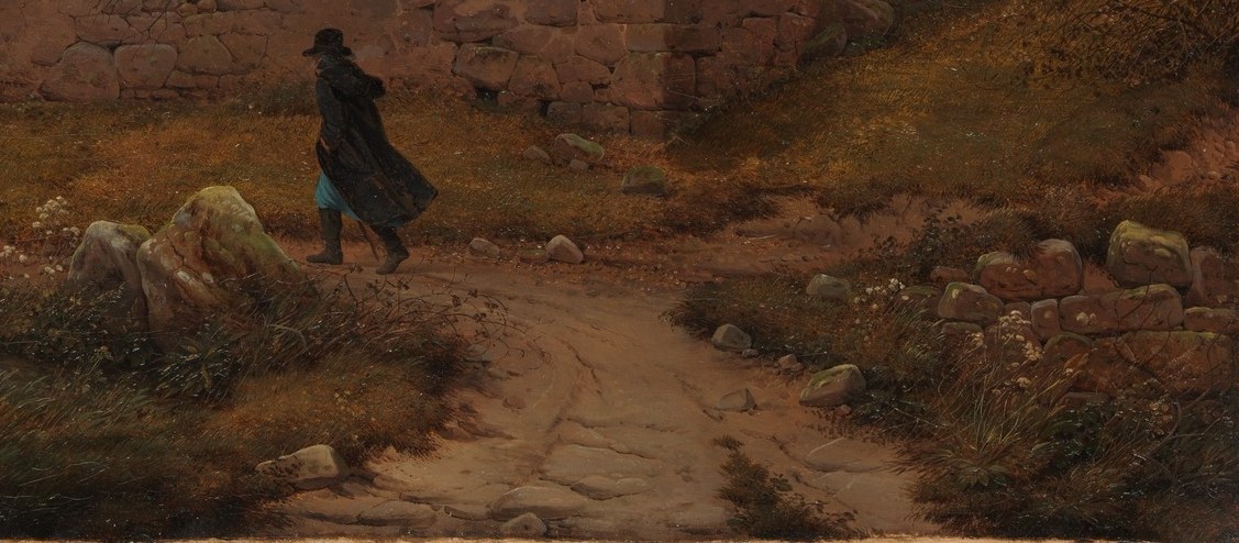 The path invites the viewer to follow the wanderer's journey, emphasizing themes of travel and destiny.