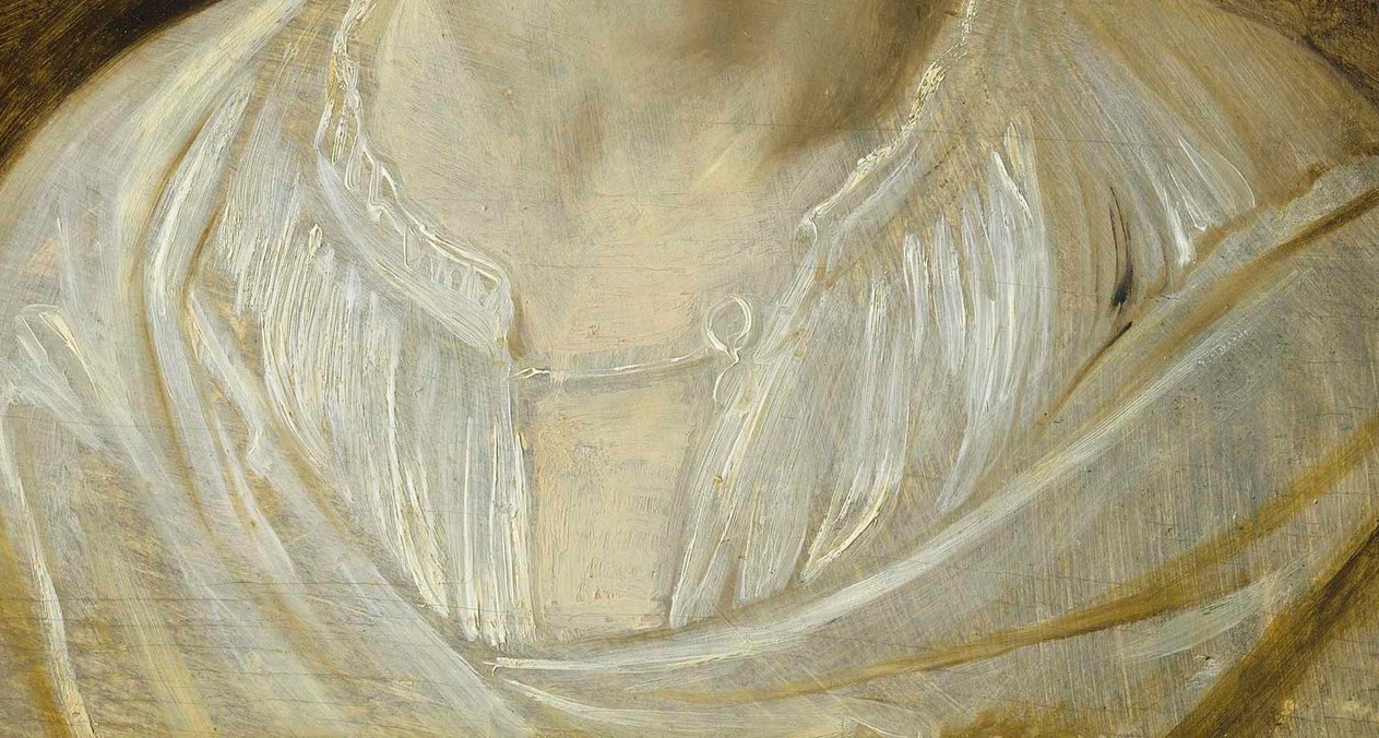 The delicate lace and soft folds of the fabric highlight the child's purity and the artist's skill in rendering texture.