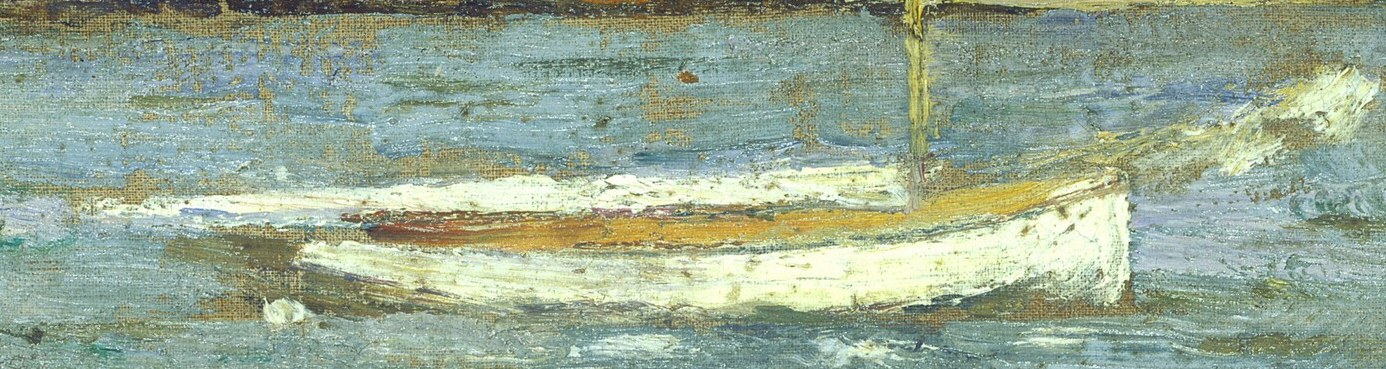 A quiet boat waits, reflecting on the calm water surface.