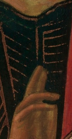 The gesture of benediction is central to the painting's devotional purpose.