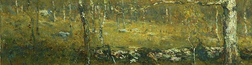 A fieldstone wall crosses the entire painting.