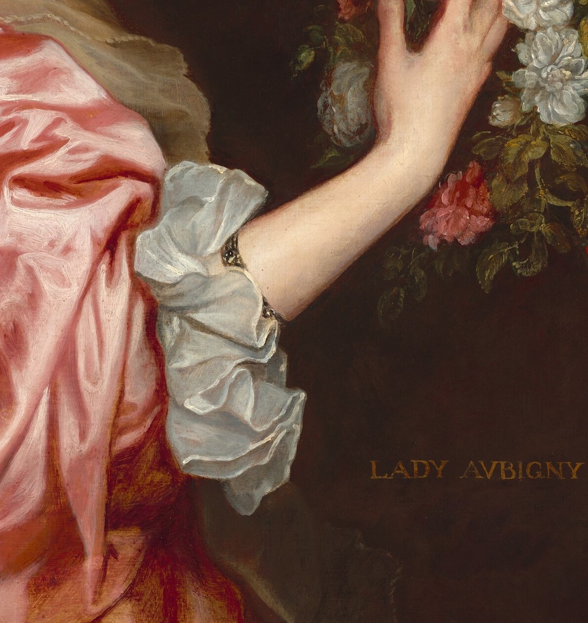 In her hand she holds roses, which wilt.
