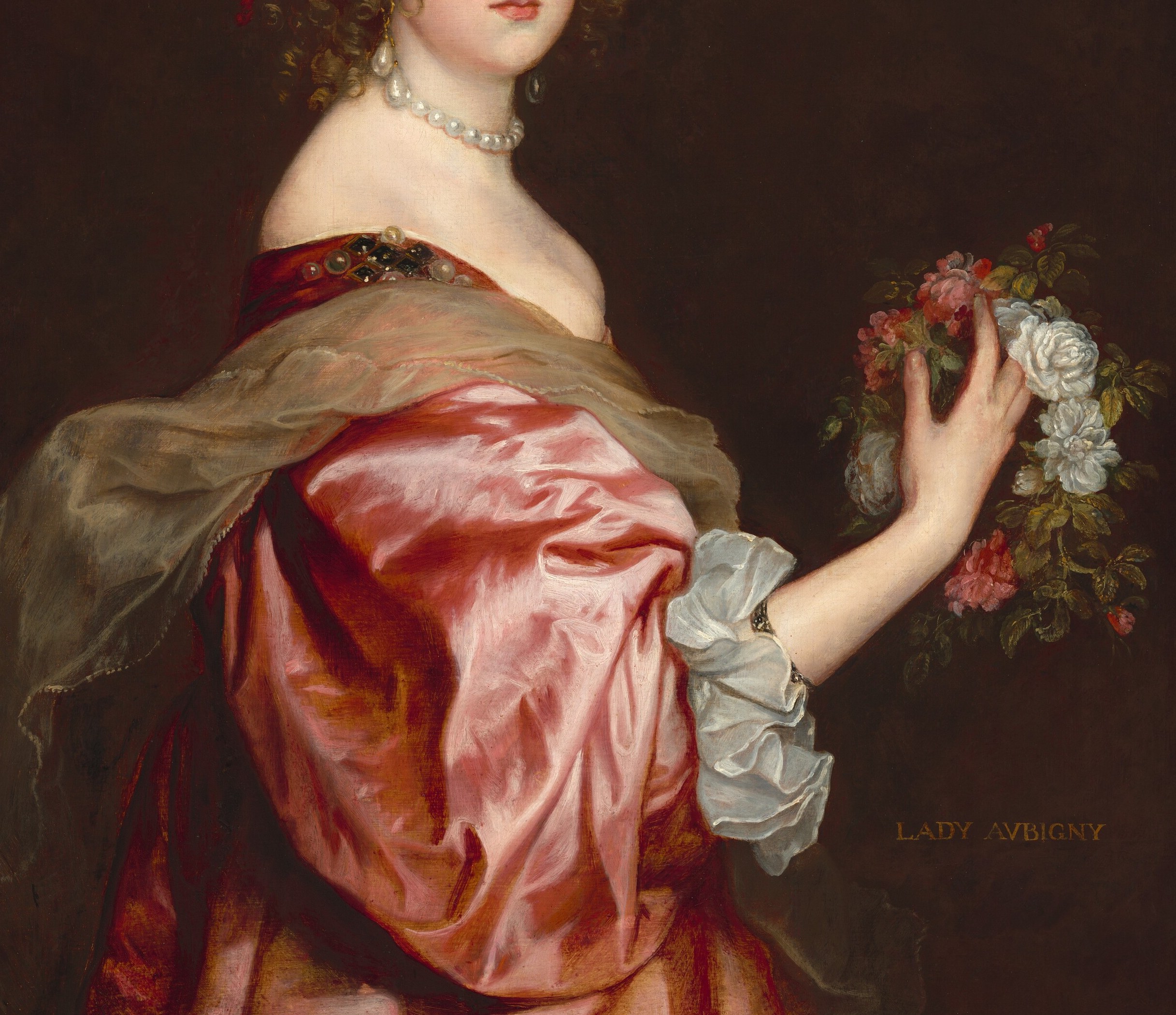 Van Dyck's bravura handling of shot silk , the sheen shifts from crimson to copper as folds catch the light , is a technical showpiece that defines his English court style.
