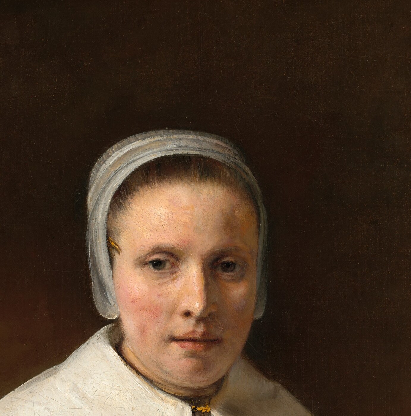 The emotional anchor of the painting , her serene but searching expression enacts Rembrandt's gift for conveying interior life without theatrical gesture.