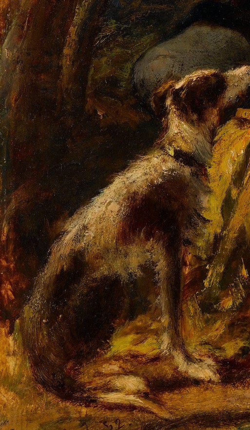 The dog's presence reinforces domesticity and loyalty; placed at the margin it also invites the viewer's eye into the scene.