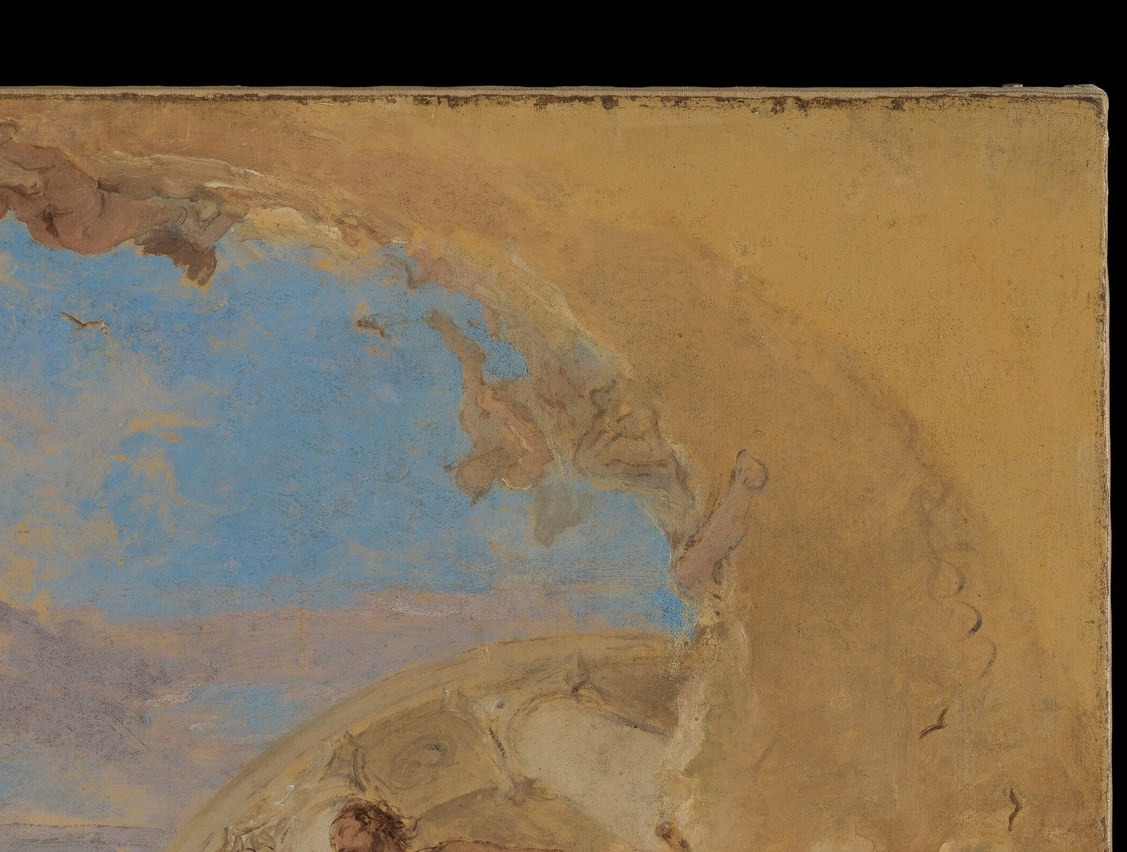 Characteristic of Tiepolo's illusionistic ceilings: the eye reads this as an actual hole in the heavens. The colour temperature jump from warm reds to cool blue creates the spatial recession.