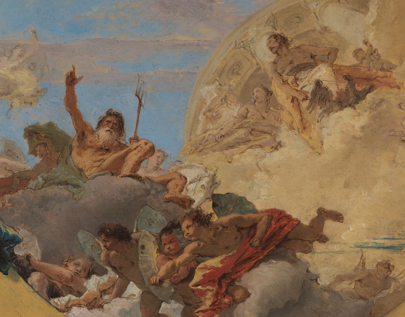 The largest color mass; Tiepolo deploys it as a kinetic anchor , the red diagonal is the visual equivalent of a wind gust, unifying figures across the composition.