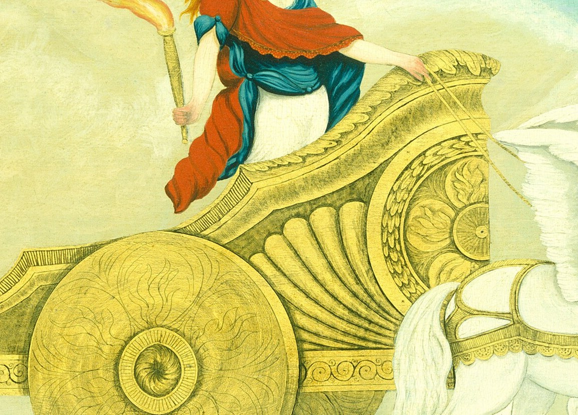 She heralds the sun, pulled by winged horses.