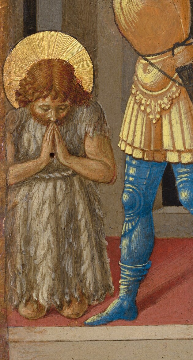 In the background, John the Baptist kneels, praying.