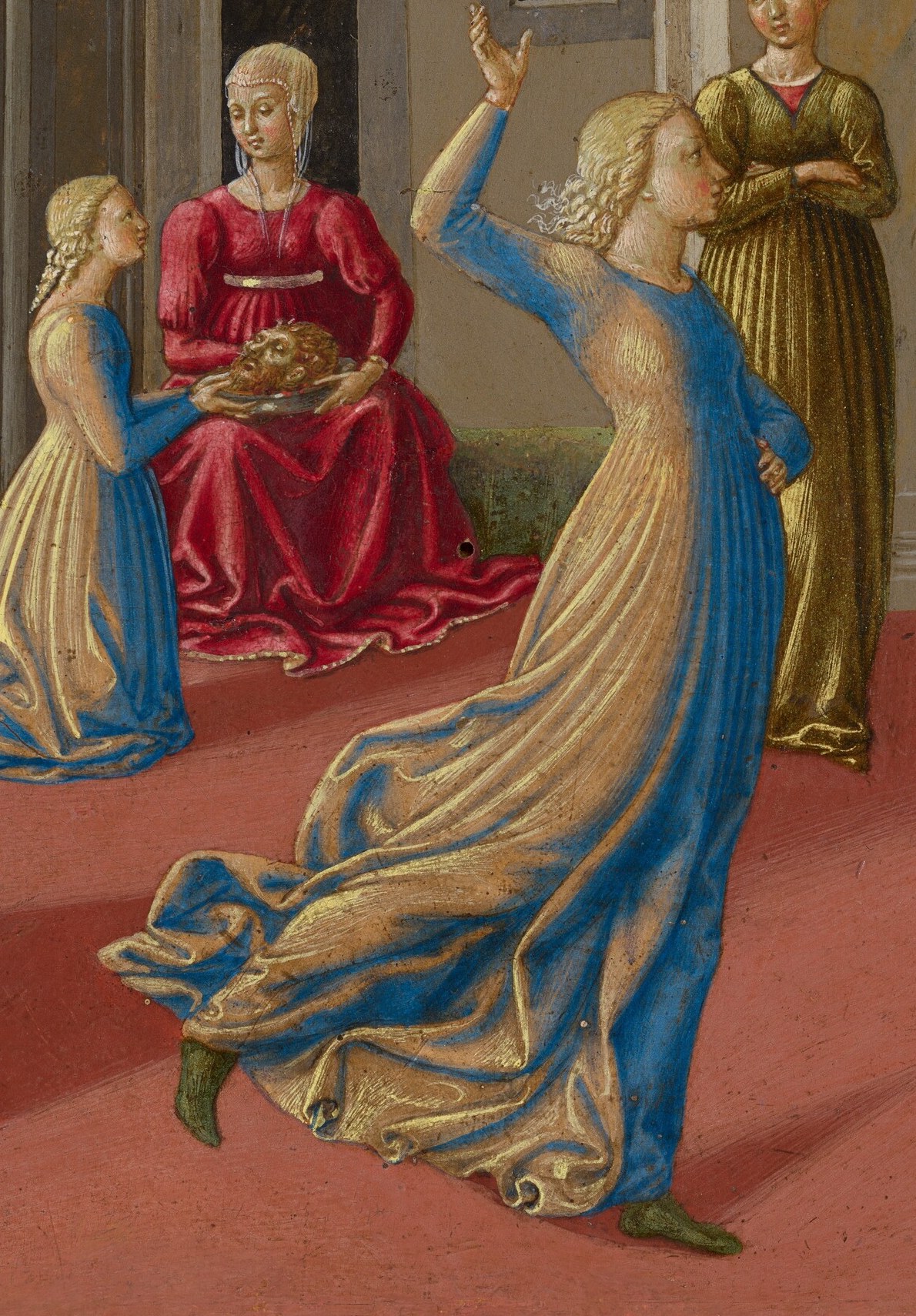 Her dynamic pose and swirling dress convey a sense of dramatic performance and perhaps seduction.
