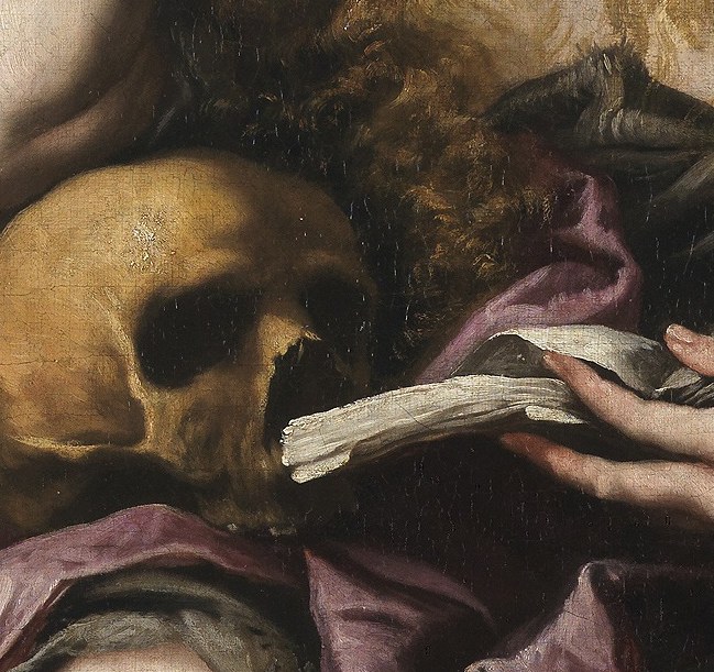 Under her hand, a symbol of mortality.