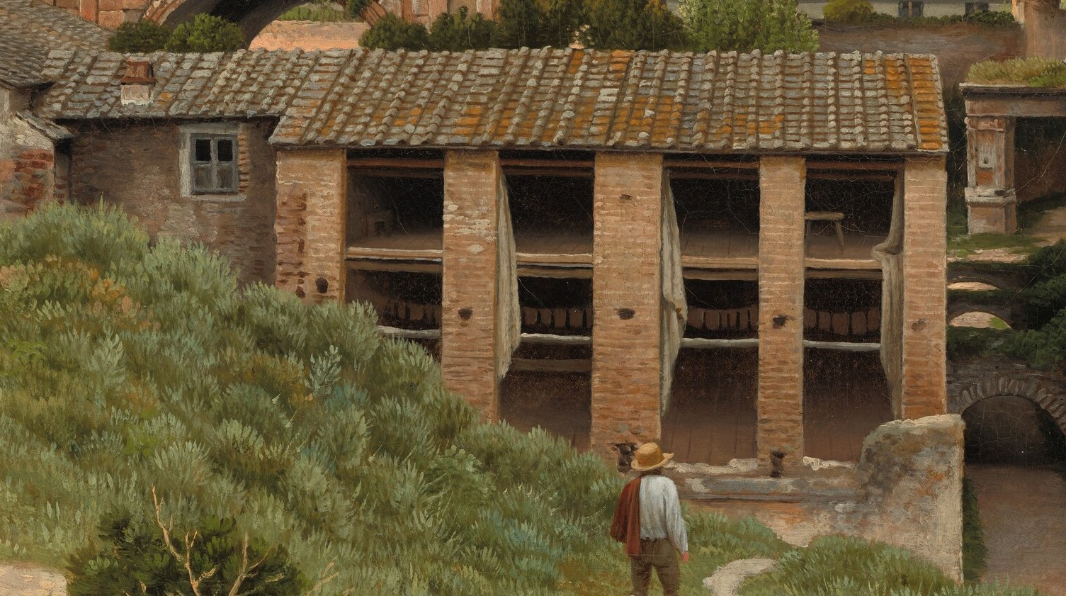The rhythmic dark arches create a visual pulse in the foreground and frame the view backward into history.