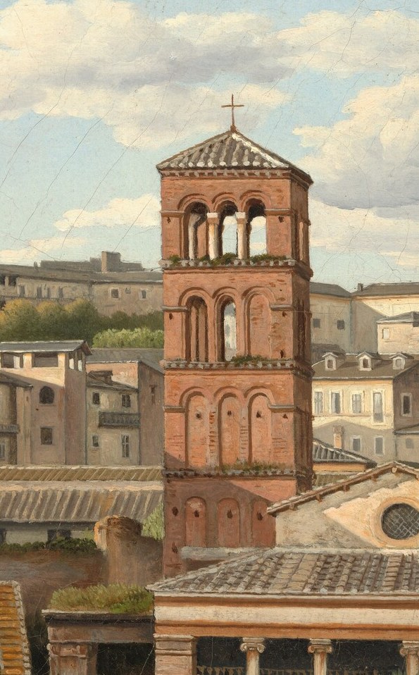The vertical tower draws the eye upward, acting as a visual anchor between earth and sky and layering medieval Rome over ancient remains.