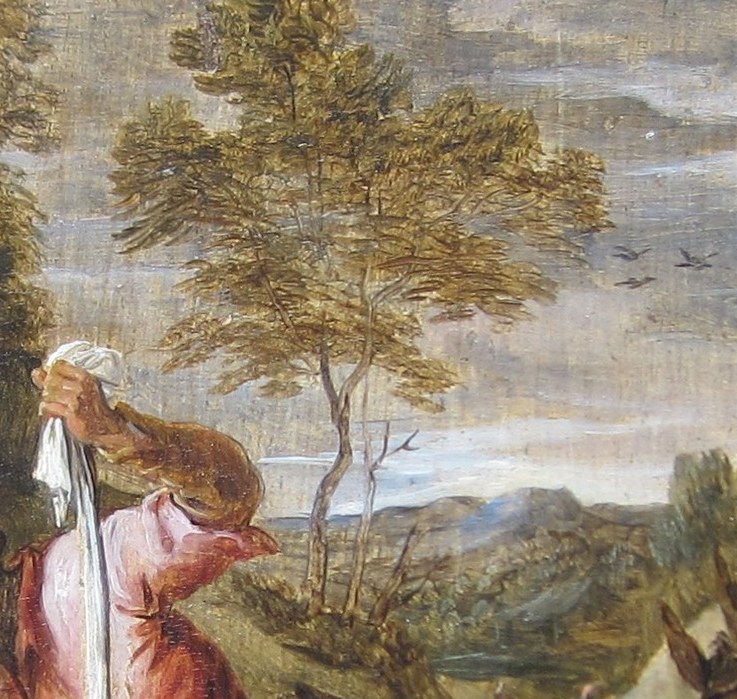 The richest color mass in the painting; red traditionally signals both royalty and sacrifice in Christian iconography, visually elevating the Samaritan's status despite his outsider identity.