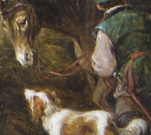 Teniers frequently inserted genre dogs as witnesses; here the animal's alert posture creates a third 'gaze' in the composition and anchors the scene in Flemish genre painting tradition.
