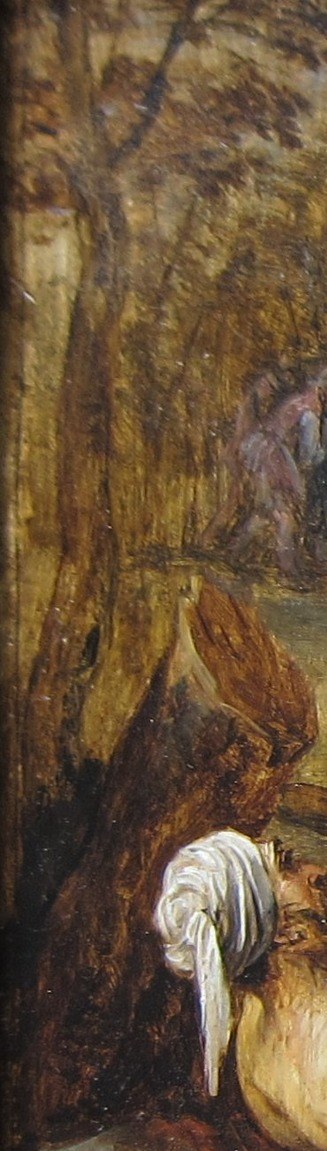 A Flemish compositional device used as a repoussoir to push the eye into the scene; the rough bark texture is one of the few passages where Teniers' brushwork might survive close cropping.