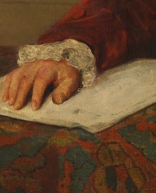His left hand holds a paper, suggesting business or intellect.