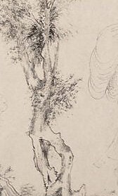 The bowed figure on the left. Filial piety, performed at the scroll's edge.