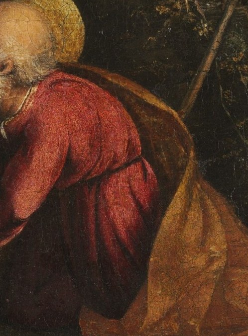 Mary's blue cloak is rich and dramatic.