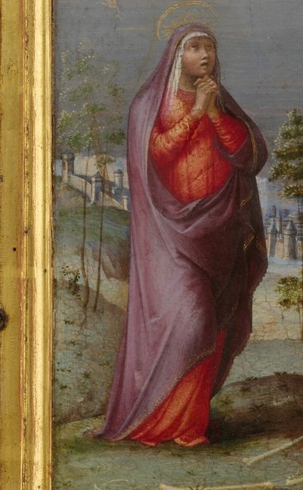 Her clasped hands and downcast gaze convey grief and prayer.