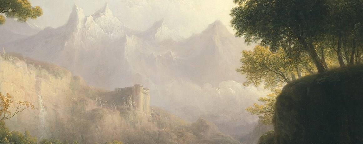 The literal and conceptual heart of the romantic sublime; the haze both unifies the composition and obscures the valley, inviting the viewer's imagination to fill in what cannot be seen.